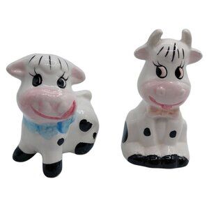 Cow Black and White pink anamorphic salt and pepper shakers blue Bows 3"